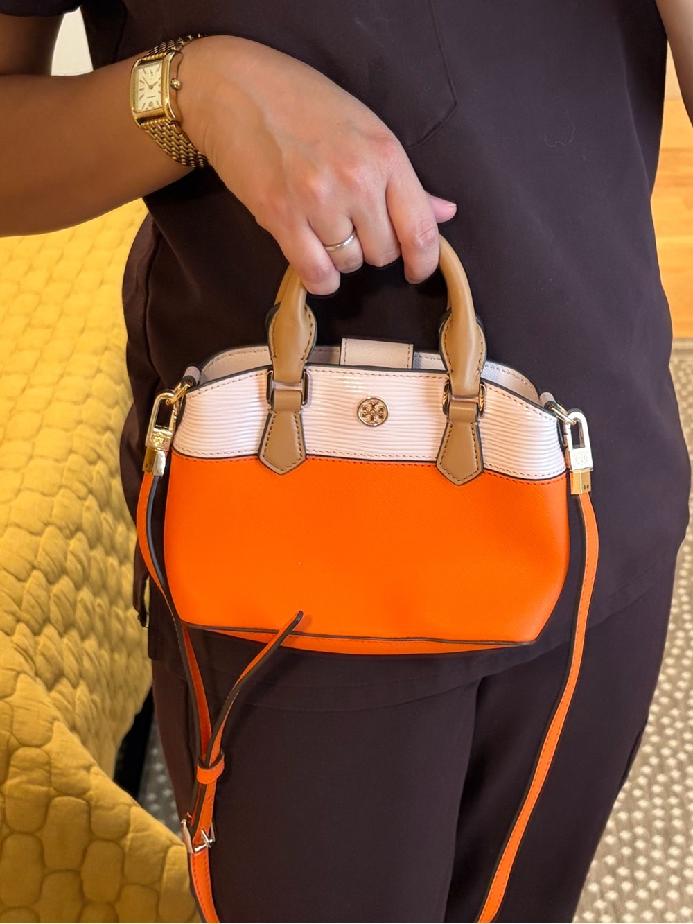Tory Burch Orange, White & Tan Mini Satchel with Crossbody Strap